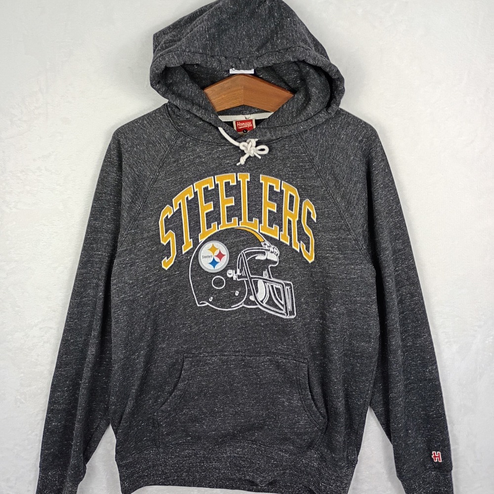 Homage Pittsburgh Steelers Hoodie Charcoal Heather Grey Raglan Sweatshirt Mens L